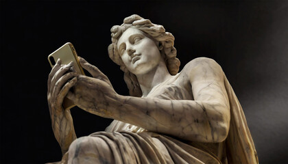 Closeup of an ancient Greek or Roman female marble statue using a smartphone, bottom view on a dark background. Generative Ai.