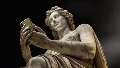 Deurstickers Closeup of an ancient Greek or Roman female marble statue using a smartphone, bottom view on a dark background. Generative Ai. © Alberto Masnovo