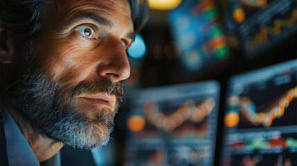 An experienced stock market trader reacts intensely to a key trade. His face reflects a mix of concentration, anticipation, and mild amazement as he watches his computer screen. Generative AI.
