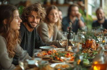 Warm and friendly dining scene with friends sharing a meal together