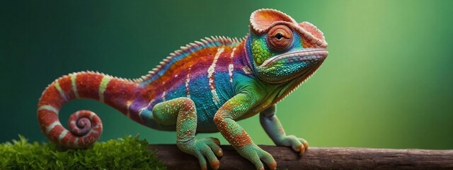 Colorful colored chameleon on brunch, lizard close up with big eye, on a solid color background, Banner with Space for Copy, flowers, panorama background
