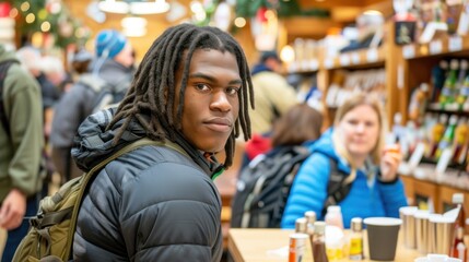 A positive black homeless man with dreadlocks stands inside a store