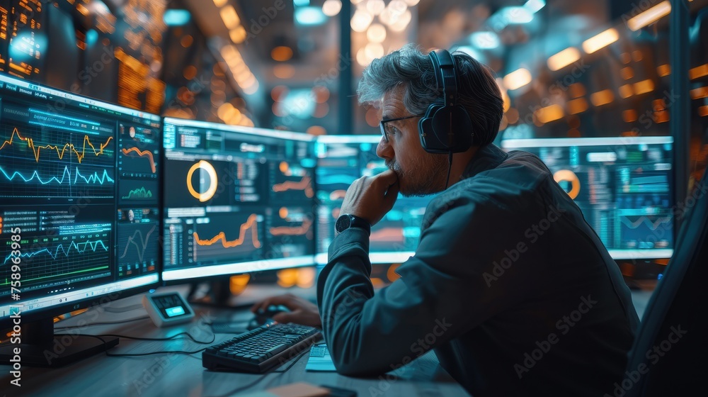 Poster Cybersecurity analyst sitting at a desk in front of a computer. The monitors display data visualizations and dashboards related to digital asset inventories, risk assessments. Generative AI.