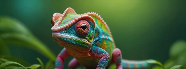 Colorful colored chameleon, lizard close up with big eye, on a solid color background, Banner with...
