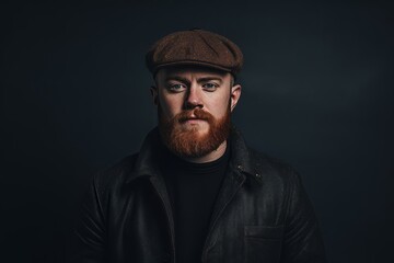 Stylish red-bearded man in a cap on a dark background
