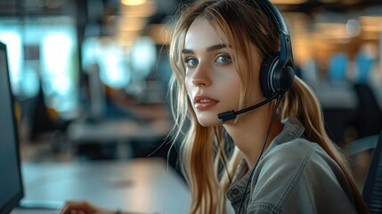 Dedicated woman call center worker with headset on working on computer. Generative AI.