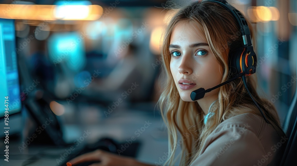 Aufkleber dedicated woman call center worker with headset on working on computer. generative ai.