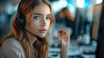 Dedicated woman call center worker with headset on working on computer. Generative AI.