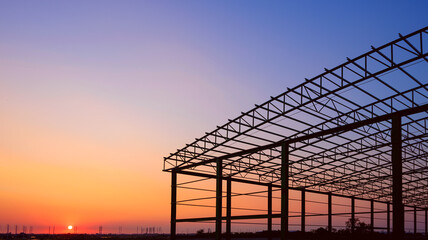 Silhouette metal warehouse building outline structure in construction site against beautiful sunset...