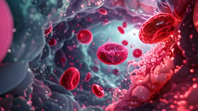 microbiology, Fat hyperlipidemia or arteriosclerosis hemoglobin red blood vessel cell micro microscope inside interior human body. Embolism and cholesterol and intestinal tumors