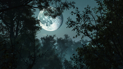 A serene full moon night landscape with a tranquil pond nestled amidst lush greenery