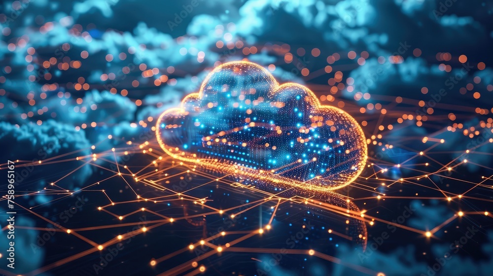 Fototapete data transfer cloud computing technology. there is a large prominent cloud icon in the center with i