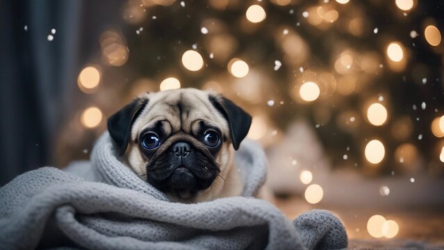 dog in the snow A sweet pug puppy with big, innocent eyes, snuggled up in a soft, knitted blanket with a backdrop  