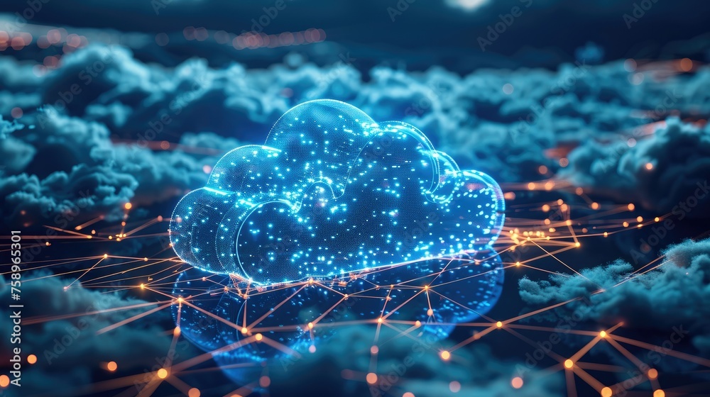 Poster Data transfer cloud computing technology. There is a large prominent cloud icon in the center with internal connections. and small icon on abstract world map polygon. Generative AI.
