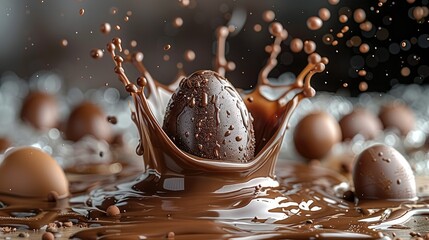Delicious easter egg background, Dark chocolate easter egg splash. Generative AI.