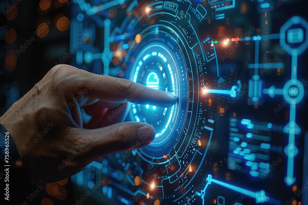 Poster businessman use forefinger touching security button on virtual screens, internet technology, artific