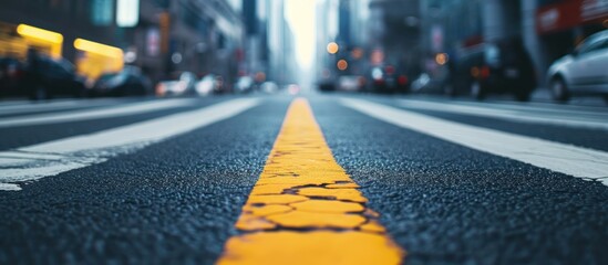 close-up view of yellow asphalt marking lines - obrazy, fototapety, plakaty