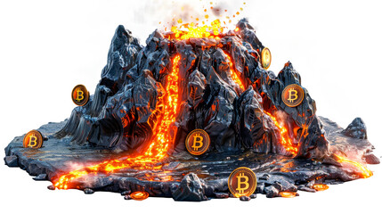 Volcano Eruption With Bitcoins - Cut out, Transparent background - obrazy, fototapety, plakaty