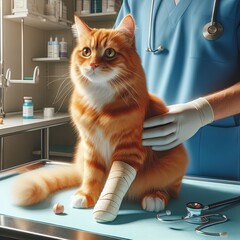 Cat sitting on a veterinary table with a bandaged paw