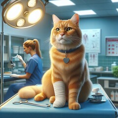 Cat sitting on a veterinary table with a bandaged paw - obrazy, fototapety, plakaty