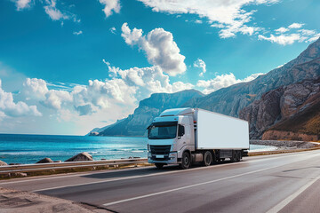 A white cargo truck with a white blank space