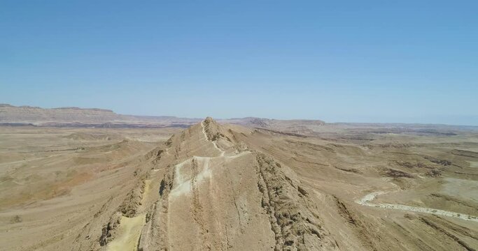 Aerial view of arid desert terrain with high mountains and vast wilderness, Jericho Governorate, Palestine.