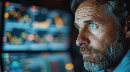 Fototapeta premium Businessman analyzing stock graph at stock trading company for best investment strategy. Generative AI.