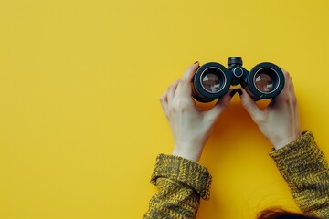 A woman looking through binoculars on a yellow background