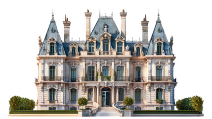 Fototapeta na wymiar Majestic French Chateau With Mansard Roof - Cut out, Transparent background