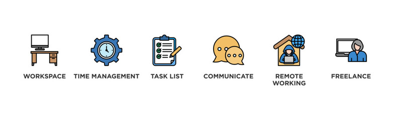 Work from home banner web icon vector illustration concept of wfh with icon of workspace, time management, task list, communicate, remote working and freelance	