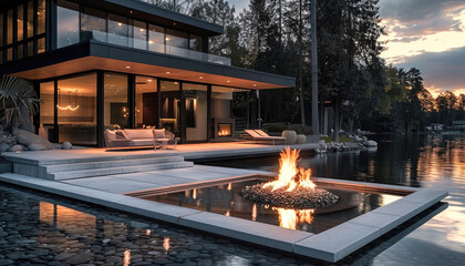 Architecture with a fire pit surrounded by water. Generative AI.