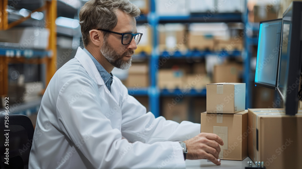 Poster Engineer in white lab coat working on desktop, looking at screen with 3D technical visualization of cardboard box, in industrial laboratory, background factory interior. Generative AI.