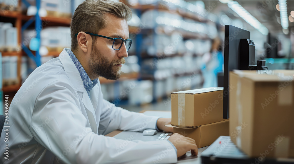 Aufkleber Engineer in white lab coat working on desktop, looking at screen with 3D technical visualization of cardboard box, in industrial laboratory, background factory interior. Generative AI.