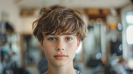 Portrait os a attractive young boy with a modern hairstyle despite being in a barbershop - obrazy, fototapety, plakaty