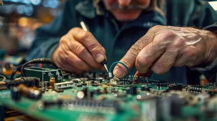 A man is working on a computer board - obrazy, fototapety, plakaty