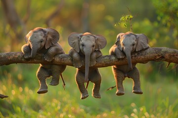 Elephant Baby group of animals hanging out on a branch, cute, smiling, adorable - 758967132
