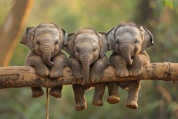 Elephant Baby group of animals hanging out on a branch, cute, smiling, adorable - 758967137