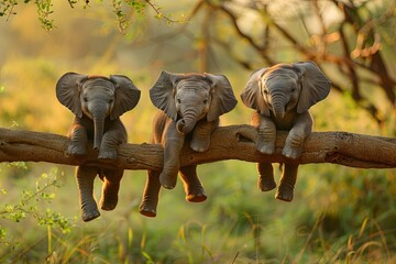 Elephant Baby group of animals hanging out on a branch, cute, smiling, adorable - 758967138