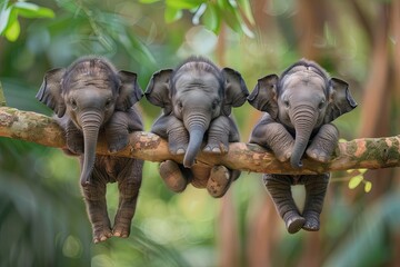 Elephant Baby group of animals hanging out on a branch, cute, smiling, adorable - 758967141