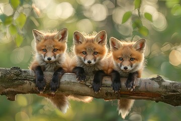 Fox Baby group of animals hanging out on a branch, cute, smiling, adorable
