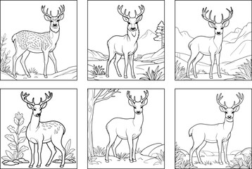 Deer set hand drawn coloring page and outline vector design