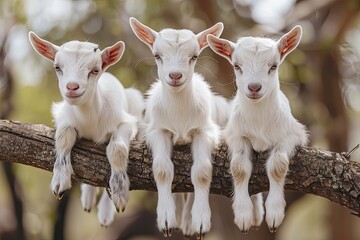 Fototapeta premium Goat Baby group of animals hanging out on a branch, cute, smiling, adorable