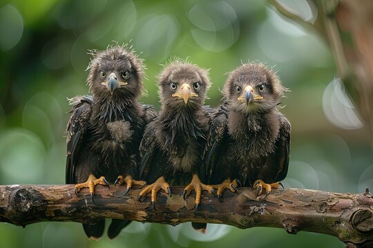 Eagle Baby group of animals hanging out on a branch, cute, smiling, adorable