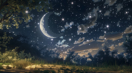 A tranquil full moon night scene depicting a serene landscape illuminated by the soft glow of the moonlight