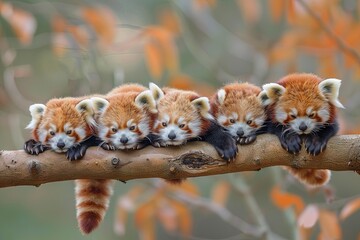 Obraz premium Red Panda Baby group of animals hanging out on a branch, cute, smiling, adorable