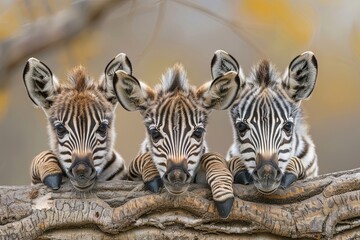 Zebra Baby group of animals hanging out on a branch, cute, smiling, adorable