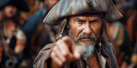 Fototapete old angry pirate captain points finger on ship at sea © alexkoral