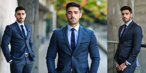 Confident businessman in suit and tie posing with hands on hips in a professional manner