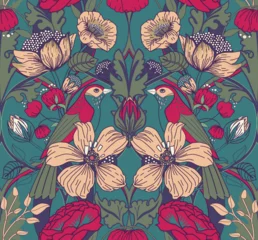 Gardinen  Seamless pattern with flowers, birds and leaves for textile, wallpaper, print. © alfaolga