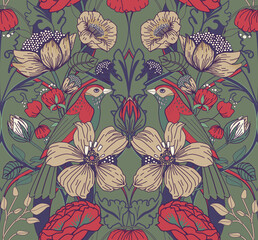  Seamless pattern with flowers, birds and leaves for textile, wallpaper, print.